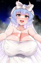 Rule 34 | 1girl, animal ears, artist name, bare shoulders, blue hair, brown eyes, catura (granblue fantasy), collarbone, commentary request, cow ears, cow girl, cow horns, granblue fantasy, highres, horns, incoming hug, isemagu, light blue hair, long hair, naked towel, night, night sky, outdoors, outstretched arms, sky, smile, solo, star (sky), towel, towel on head, very long hair, white towel