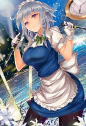 Rule 34 | 1girl, apron, ashu, bat (animal), black pantyhose, blue dress, braid, breasts, dress, dual persona, dual wielding, dutch angle, flower, full moon, gloves, highres, holding, holding weapon, izayoi sakuya, knife, lake, large breasts, lily (flower), looking at viewer, maid, maid apron, maid headdress, moon, night, outdoors, pantyhose, pocket watch, puffy short sleeves, puffy sleeves, purple eyes, scarlet devil mansion, shirt, short sleeves, silver hair, sky, solo, sparkle, standing, touhou, twin braids, waist apron, watch, water, weapon, white gloves