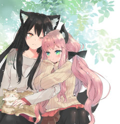 Rule 34 | 2girls, :t, animal, animal ear fluff, animal ears, arm hug, black bow, black hair, black legwear, blush, bow, brown skirt, brown sweater, cat, cat ears, closed mouth, collarbone, commentary request, green eyes, hair bow, long hair, long sleeves, mimiket, mito (go!go!king!), multiple girls, one eye closed, original, pantyhose, pink hair, pleated skirt, pout, red eyes, ribbed sweater, shirt, sitting, skirt, sleeves past wrists, sweater, tail, tail raised, very long hair, white shirt