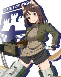 Rule 34 | 1girl, ammunition box, animal ears, black shirt, brown eyes, brown hair, brown sweater, closed mouth, commentary request, cropped jacket, crotch seam, diffraction spikes, dog ears, dog tail, drawing sword, emblem, floating, green jacket, gun, head tilt, highres, holding, holding gun, holding sword, holding weapon, isle of wight detachment group (emblem), jacket, kadomaru misa, kaneko (novram58), long sleeves, looking at viewer, medium hair, no pants, panties, partial commentary, ribbed sweater, shirt, silhouette, smile, solo, strike witches, strike witches: katayoku no majo-tachi, striker unit, sweater, sword, tail, turtleneck, turtleneck sweater, underwear, weapon, white panties, world witches series