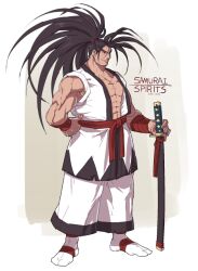 Rule 34 | 1boy, abs, bandages, black hair, dougi, english text, facial hair, full body, hand on own hip, haoumaru, holding, holding sword, holding weapon, japanese clothes, katana, long hair, male focus, muscular, muscular male, osanpogakari, pectorals, ponytail, samurai spirits, sheath, simple background, smile, solo, standing, stubble, sword, weapon