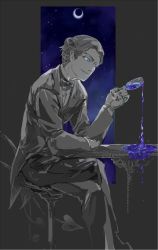 Rule 34 | 1boy, alcohol, alternate costume, aves plumbum9, blue eyes, bow, bowtie, chair, crescent moon, cup, curly hair, demon boy, demon tail, drinking glass, dripping, fangs, fate/grand order, fate (series), formal, limited palette, looking at viewer, male focus, mephistopheles (fate), mephistopheles (formal dress) (fate), moon, night, night sky, pale skin, pointy ears, shoes, short hair, sitting, sky, smirk, solo, suit, table, tail, tailcoat, teeth, thick eyebrows, wine, wine glass