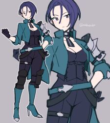 Rule 34 | 1girl, armor, belt, black gloves, black pants, blue belt, blue footwear, blue jacket, boots, breasts, cleavage, commentary request, do m kaeru, fire emblem, fire emblem: three houses, full body, gloves, grey background, hand on own hip, jacket, looking at viewer, medium breasts, nintendo, open clothes, open jacket, pants, pauldrons, purple eyes, purple hair, shamir nevrand, short hair, shoulder armor, simple background, single pauldron, sleeves rolled up, solo, twitter username