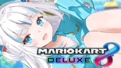 Rule 34 | 1girl, blue eyes, flat chest, gawr gura, highres, hololive, hololive english, mario kart 8 deluxe, official art, petite, shark, shark girl, solo, teeth, virtual youtuber