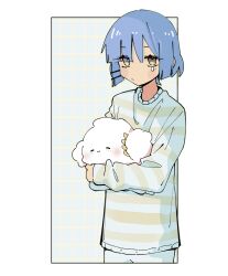 Rule 34 | 2girls, :/, absurdres, blue hair, bocchi the rock!, cogimyun, commentary, hair ornament, hairpin, highres, machuuu68, multiple girls, sanrio, smile, striped clothes, striped sweater, sweater, tearing up, tears, upper body, yamada ryo, yellow eyes