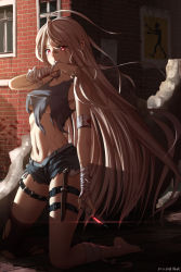 Rule 34 | 1girl, absurdres, ahoge, backlighting, bandaged arm, bandaged leg, bandages, bandaid, bandaid on face, bare shoulders, barefoot, blood, blood stain, breasts, brown thighhighs, building, clenched teeth, collarbone, cutoffs, dated, day, denim, denim shorts, diffraction spikes, exposed pocket, floating hair, full body, geduan, grey shirt, hand up, highres, kneeling, leg belt, long hair, looking at viewer, medium breasts, midriff, navel, no bra, original, outdoors, pointy ears, poster (object), red eyes, revision, sheath, shirt, short shorts, shorts, sidelocks, signature, single thighhigh, solo, syringe, tank top, teeth, thighhighs, thighs, torn clothes, torn shirt, torn thighhighs, underboob, veins, very long hair, white hair, window, zombie