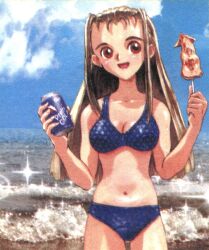 Rule 34 | 1girl, akai takami, beach, bikini, breasts, brown eyes, brown hair, can, character request, cleavage, drink can, food, forehead, hair slicked back, highres, large breasts, legs, long hair, magazine scan, navel, ocean, official art, open mouth, scan, smile, soda can, solo, swimsuit, thighs, water