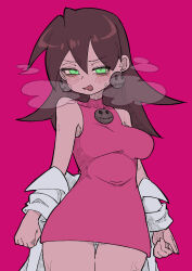 Rule 34 | 1girl, absurdres, arm under breasts, bare shoulders, breasts, breath, brown hair, buzzlyears, commentary, covered collarbone, dress, earrings, glowing, glowing eyes, green eyes, highres, jewelry, lab coat, large breasts, medium hair, mega man (series), mega man legends (series), off shoulder, pink background, pink dress, simple background, solo, tron bonne (mega man)