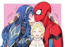 Rule 34 | 1boy, 2girls, armor, aunt and niece, closed eyes, crossover, fire emblem, kiss, lissa (fire emblem), long hair, lucina (fire emblem), marvel, multiple girls, nintendo, open mouth, smile, spider-man, spider-man (series), surprised, the dark mangaka