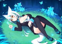 Rule 34 | 1girl, animal ears, aqua hair, black footwear, blue eyes, blue hair, blue nails, boots, braid, breasts, bug, butterfly, butterfly on hand, choker, cleavage, closed mouth, dress, facial mark, female focus, flower, fox ears, fox tail, frilled sleeves, frills, full body, glowing, glowing butterfly, grass, horns, bug, large breasts, light smile, long hair, long sleeves, lying, matching hair/eyes, multicolored hair, muryotaro, nail polish, on back, on ground, original, ripples, slit pupils, smile, solo, suirin (muryou), tail, thigh boots, thighhighs, two-tone hair, very long hair, water, white hair, yellow eyes