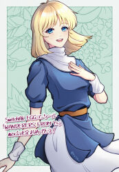 Rule 34 | 1girl, :d, blonde hair, blue eyes, border, commentary request, elena stoddart, floral background, green background, hand on own chest, highres, looking at viewer, medium hair, open mouth, outside border, ruisa, smile, solo, teeth, translation request, upper teeth only, white border, ys, ys iii wanderers of ys
