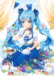 Rule 34 | 1girl, bad id, bad pixiv id, blue eyes, blue hair, blue ribbon, blue skirt, blush, cake, candle, center frills, checkered floor, cup, food, frills, gold ribbon, gold trim, hatsune miku, holding, holding cup, indoors, long hair, looking away, rabbit, ribbon, seiza, sitting, skirt, solo, stuffed animal, stuffed rabbit, stuffed toy, tea, teacup, tiered tray, twintails, unipong, vocaloid