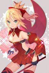 Rule 34 | 1girl, adapted costume, bike shorts, blonde hair, bow, braid, breasts, cleavage, collar, detached sleeves, fate/apocrypha, fate (series), finger gloves, flower, gloves, green eyes, hair bow, half gloves, magical girl, mordred (fate), mordred (fate/apocrypha), shorts, shorts under skirt, skirt, star (symbol), suguri (neroli), thighhighs