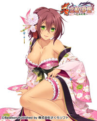 Rule 34 | 1girl, arm support, bare shoulders, bibyo, blush, breasts, brown hair, cleavage, collarbone, commentary request, dark-skinned female, dark skin, floral print, frills, green eyes, hair ornament, japanese clothes, kimono, koihime musou, large breasts, logo, off shoulder, official art, open mouth, shiny skin, simple background, sitting, smile, solo, taishiji, white background, wide sleeves