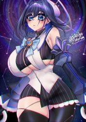 Rule 34 | 1girl, bare shoulders, black hair, blue eyes, bow, bow earrings, breasts, clothing cutout, detached sleeves, dress, earrings, gloves, hair intakes, halo, highres, holocouncil, hololive, hololive english, jewelry, large breasts, osiimi, ouro kronii, ouro kronii (1st costume), short hair, solo, striped clothes, striped dress, thighhighs, underboob cutout, vertical-striped clothes, vertical-striped dress, virtual youtuber
