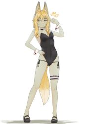 Rule 34 | 1girl, animal ear fluff, animal ears, black footwear, black leotard, blonde hair, breasts, closed mouth, commentary, fox ears, fox girl, fox tail, full body, hair between eyes, hand on own hip, highres, leotard, looking at viewer, nito (nshtntr), nontraditional playboy bunny, original, simple background, small breasts, solo, standing, tail, thigh strap, white background, wrist cuffs, yellow eyes
