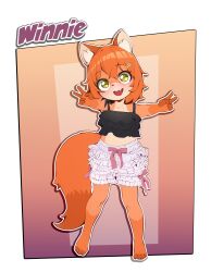 Rule 34 | 1girl, absurdres, animal ear fluff, animal ears, black camisole, bloomers, camisole, collarbone, commentary, double v, english commentary, flat chest, fox ears, fox girl, fox tail, frilled camisole, frills, full body, furry, furry female, hair ornament, hairclip, highres, moneymop, open mouth, original, solo, standing, tail, teeth, underwear, underwear only, upper teeth only, v, white bloomers, yellow eyes