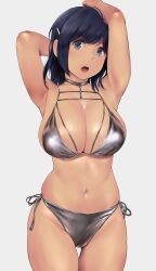 Rule 34 | 1girl, armpits, arms behind head, arms up, bare shoulders, bikini, blue eyes, blue hair, blush, breasts, cleavage, collarbone, dark blue hair, highres, kantai collection, large breasts, looking at viewer, medium hair, navel, open mouth, silver bikini, solo, souryuu (kancolle), swimsuit, thighs, wa (genryusui), white background