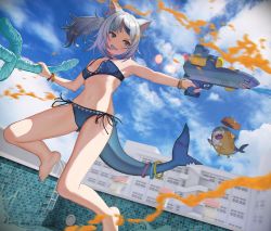Rule 34 | 1girl, animal ears, armpits, bare arms, bare legs, bare shoulders, barefoot, bikini, bloop (gawr gura), blue bikini, blue eyes, blue hair, blunt bangs, bracelet, breasts, cat ears, cloud, cloudy sky, dice hair ornament, fins, fish tail, full body, gawr gura, grin, hair ornament, highres, holding, hololive, hololive english, jewelry, jumping, md5 mismatch, medium hair, multicolored hair, nail polish, outdoors, paint splatter, polearm, ponytail, pool, resolution mismatch, shark girl, shark print, shark tail, sharp teeth, side-tie bikini bottom, silver hair, sky, small breasts, smile, solo, source larger, source request, stomach, streaked hair, swimsuit, tail, teeth, toenail polish, toenails, trident, virtual youtuber, water gun, weapon