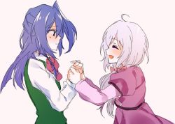 Rule 34 | 10s, 2girls, aged down, ahoge, blue eyes, blue hair, blush, bow, closed eyes, closed mouth, dress, green jacket, hair bow, hair over shoulder, holding hands, jacket, jpeg artifacts, kazanari tsubasa, laughing, long hair, long sleeves, looking at another, low-tied long hair, multiple girls, open mouth, parted bangs, pink bow, pink dress, profile, red bow, resyeol, school uniform, senki zesshou symphogear, shirt, short sleeves, side ponytail, silver hair, simple background, sleeve cuffs, sleeveless, sleeveless jacket, smile, twintails, upper body, very long hair, white background, white shirt, white sleeves, yukine chris
