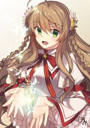 Rule 34 | 1girl, :d, ahoge, bow, braid, brown hair, dress, floating hair, flower, green eyes, grey background, hair between eyes, hair flower, hair ornament, highres, kanbe kotori, long hair, long sleeves, looking at viewer, neck ribbon, nikame, open mouth, red bow, red ribbon, rewrite, ribbon, smile, solo, upper body, very long hair, white dress, white flower