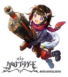 Rule 34 | 1girl, :d, black footwear, black jacket, brown hair, chrono brigade, full body, gun, hair ornament, holding, holding gun, holding weapon, jacket, nishizawa, official art, open mouth, purple eyes, red scarf, red thighhighs, scarf, smile, thigh strap, thighhighs, watermark, weapon, white background
