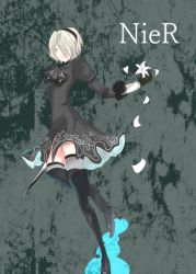 Rule 34 | 1girl, 2b (nier:automata), absurdres, android, bad id, bad pixiv id, black dress, black footwear, black gloves, black socks, breasts, copyright name, dress, english text, expressionless, flower, gloves, green eyes, hair over one eye, hairband, high heels, highres, kneehighs, nier, nier:automata, nier (series), pale skin, petals, poorly drawn, shoes, short hair, silver hair, simple background, socks, solo, standing, sword, tonbo (saunt), weapon