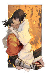 Rule 34 | 2boys, age difference, bandages, barefoot, black hair, black pants, blood, border, boy on top, closed eyes, coat, commentary request, facial hair, fire, from side, grey scarf, highres, japanese clothes, kimono, kiss, kneeling, kuro the divine heir, long sleeves, male focus, multiple boys, on person, orange coat, outside border, pale skin, pants, pleated pants, scarf, sekiro, sekiro: shadows die twice, short hair, sitting, statue, topknot, torn clothes, torn coat, torn scarf, vetania, white border, white kimono, wide sleeves, yaoi
