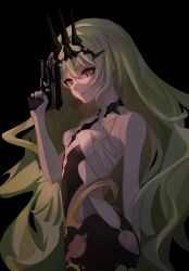 Rule 34 | 1girl, :p, absurdres, backless dress, backless outfit, black background, black dress, black nails, closed mouth, crown, dress, fingernails, green eyes, green hair, gun, h&amp;k usp, handgun, highres, holding, holding gun, holding weapon, honkai (series), honkai impact 3rd, long hair, md5 mismatch, mobius (honkai impact), nail polish, resolution mismatch, simple background, sleeveless, sleeveless dress, slit pupils, solo, source smaller, tongue, tongue out, trigger discipline, very long hair, wavy hair, weapon, xyzal (user zufd4822)