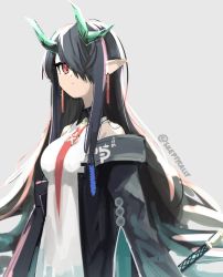 Rule 34 | 1girl, arknights, artist name, black coat, black hair, closed mouth, coat, commentary, dated commentary, dusk (arknights), earrings, green horns, grey background, hair over one eye, horns, jewelry, long hair, looking at viewer, necktie, off-shoulder coat, off shoulder, pointy ears, red eyes, red necktie, shirt, simple background, skeptycally, sleeveless, sleeveless shirt, solo, upper body, white shirt