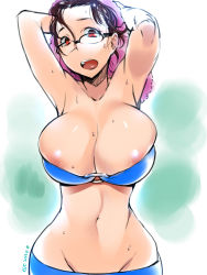 Rule 34 | 1girl, :o, areola slip, armpits, arms up, black hair, breasts, bursting breasts, cleavage, curvy, glasses, groin, highres, huge breasts, ojo (dfreak), open mouth, original, red eyes, short hair, solo, sweat, towel, wide hips