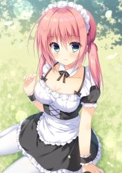 Rule 34 | 1girl, apron, black dress, blue eyes, blush, bow, bowtie, breasts, cleavage, closed mouth, collarbone, commentary request, detached collar, dress, frills, hair between eyes, long hair, looking at viewer, maid, maid apron, maid headdress, medium breasts, original, pantyhose, pimopi, pink hair, short sleeves, sidelocks, sitting, solo, twintails, white pantyhose, wrist cuffs