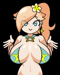 Rule 34 | 1girl, animated, animated gif, blonde hair, bouncing breasts, breast drop, breasts, breasts squeezed together, earrings, english text, eyelashes, flower, hair flower, hair ornament, huge breasts, jewelry, looking at viewer, looping animation, mario (series), minuspal, nintendo, rosalina, side ponytail, smile, solo, star (symbol), star earrings, star in eye, super mario galaxy, super star (mario), symbol in eye, transparent background, winking (animated)