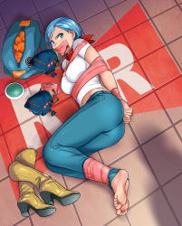 Rule 34 | 1girl, abduction, absurdres, ass, barefoot, bdsm, belly, blue eyes, blue hair, bondage, bound, bound ankles, bound wrists, breasts, bulma, cleavage, denim, dragon ball, dragon ball (object), dragon ball super, dragon radar, earrings, feet, gag, gagged, gagging, highres, improvised gag, jeans, jewelry, kidnapped, lipstick, lost one zero, makeup, navel, pants, shadow, shirt, shoes, unworn shoes, tape, tape bondage, tape gag, toes, white shirt