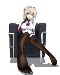 Rule 34 | 1girl, blonde hair, blue eyes, breasts, feet, foot focus, graf zeppelin (kancolle), highres, kantai collection, large breasts, long hair, looking at viewer, no shoes, open mouth, panties, panties under pantyhose, pantyhose, pantyshot, ponytail, pov, sitting, solo, toes, underwear