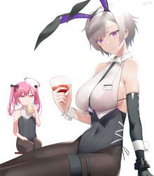 Rule 34 | 2girls, absurdres, ahoge, alternate costume, animal ears, azur lane, backless leotard, bare shoulders, black bra, black legwear, black leotard, black neckwear, blouse, bra, breast envy, breasts, covered navel, elbow gloves, fake animal ears, flat chest, gloves, highres, large breasts, larger bmx, leotard, leotard under clothes, long hair, looking at viewer, multiple girls, neckwear between breasts, official alternate costume, pantyhose, pink hair, playboy bunny, purple eyes, rabbit ears, reno (azur lane), reno (reno bunnino) (azur lane), saratoga (azur lane), see-through, see-through shirt, shirt, short hair, side-tie leotard, simple background, single elbow glove, sitting, sleeveless, sleeveless shirt, thigh strap, twintails, underwear, white background, white shirt, wrist cuffs