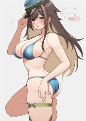 Rule 34 | ..., 1girl, ash arms, ass, bare shoulders, bikini, blue bikini, blush, breasts, brown hair, cleavage, from side, hat, hat tip, j2m raiden (ash arms), jitome, large breasts, looking at viewer, multicolored hair, red eyes, simple background, skindentation, solo, speech bubble, spoken blush, spoken ellipsis, standing, standing on one leg, strap gap, streaked hair, swimsuit, thigh strap, two-tone hair, warashi, white background