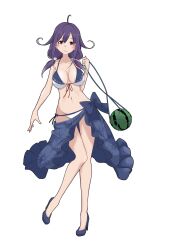 Rule 34 | 1girl, ahoge, bikini, blue footwear, blue sarong, breasts, food, front-tie bikini top, front-tie top, fruit, full body, hair flaps, high heels, highres, kantai collection, large breasts, long hair, looking at viewer, low twintails, navel, neve (morris-minicooper), purple eyes, purple hair, sarong, side-tie bikini bottom, simple background, solo, swimsuit, taigei (kancolle), twintails, watermelon, white background, white bikini