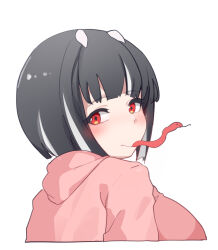 Rule 34 | 1girl, aillie (vtuber), aningay, black hair, breasts, closed mouth, collarbone, cropped torso, grey hair, highres, hood, hood down, hoodie, indie virtual youtuber, large breasts, looking at viewer, looking back, multicolored hair, pink hoodie, red eyes, short hair, simple background, snake, solo, streaked hair, tongue, tongue out, upper body, virtual youtuber, white background