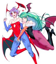 Rule 34 | !, 2girls, bat wings, boots, breasts, dan koflove, demon girl, green hair, hand on another&#039;s thigh, head wings, heart, highres, large breasts, leotard, lilith aensland, long hair, morrigan aensland, multiple girls, one eye closed, short hair, small breasts, vampire (game), wings, yuri