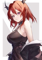 Rule 34 | 1girl, absurdres, arknights, bare shoulders, black dress, black jacket, breasts, commentary, dress, grey background, hair between eyes, hair intakes, highres, horns, jacket, kabi (zcwd8845), large breasts, looking at viewer, off shoulder, parted lips, purple eyes, red hair, short hair, sleeveless, sleeveless dress, solo, surtr (arknights), upper body