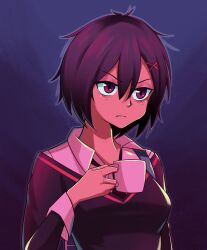 Rule 34 | 1girl, black hair, black necktie, black sweater, breasts, chair, close-up, commentary, cup, dark, dress shirt, drinking, english commentary, frown, hair between eyes, hair ornament, highres, holding, holding cup, ikari shinji, light frown, long sleeves, looking ahead, marvel, medium breasts, meme, mug, necktie, neon genesis evangelion, on chair, parody, peni parker, purple eyes, scene reference, school uniform, scrapy, shinji holding a mug (meme), shirt, short hair, solo, spider-man: across the spider-verse, spider-man (series), spider-verse, sweater, upper body, v-shaped eyebrows, white shirt, x hair ornament