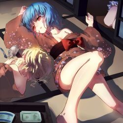 Rule 34 | 3girls, alternate costume, bare legs, bare shoulders, blonde hair, blue hair, collarbone, female focus, flandre scarlet, japanese clothes, kimono, leg up, looking at viewer, lying, multiple girls, no wings, off shoulder, on back, on side, red eyes, remilia scarlet, side ponytail, sleeping, tatami, touhou, wanmixia, wings, yukata