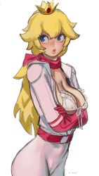Rule 34 | 1girl, biker peach, blonde hair, blue eyes, bodysuit, bra, breasts, cleavage, crossed arms, crown, frilled bra, frills, gloves, highres, jumpsuit, large breasts, light blush, looking to the side, mario (series), mini crown, mossacannibalis, nintendo, o3o, official alternate costume, open bodysuit, open clothes, pink gloves, pink scarf, princess peach, scarf, simple background, solo, the super mario bros. movie, underwear, upper body