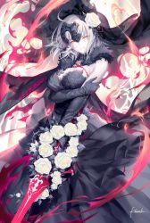 Rule 34 | 1girl, ahoge, alternate hair length, alternate hairstyle, black dress, black gloves, breasts, capelet, commentary request, detached collar, dress, elbow gloves, fate/grand order, fate (series), floral print, flower, fur, fur capelet, fur trim, gloves, half-closed eyes, headpiece, holding, holding own arm, holding sword, holding weapon, jeanne d&#039;arc (fate), jeanne d&#039;arc alter (avenger) (fate), jeanne d&#039;arc alter (fate), kousaki rui, large breasts, long hair, looking at viewer, rose, signature, silver hair, smile, solo, strapless, strapless dress, sword, very long hair, weapon, white flower, white rose, yellow eyes