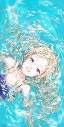 Rule 34 | 1girl, alternate costume, bikini, blonde hair, blue bikini, blue hair, breasts, collarbone, commentary request, esc1 2d, forehead, frilled bikini, frills, from above, highres, himehina channel, long hair, looking at viewer, medium breasts, multicolored hair, partially submerged, purple eyes, solo, streaked hair, suzuki hina, swimsuit, teeth, upper body, virtual youtuber, water