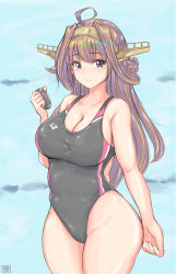 Rule 34 | 1girl, absurdres, ahoge, alternate costume, artist logo, black one-piece swimsuit, blue one-piece swimsuit, blush, bow, breasts, brown hair, cleavage, collarbone, collared shirt, competition school swimsuit, competition swimsuit, covered navel, double bun, hair bun, hairband, headgear, highres, kantai collection, kongou (kancolle), kongou kai ni (kancolle), large breasts, long hair, long sleeves, md5 mismatch, navel, one-piece swimsuit, purple eyes, resolution mismatch, school swimsuit, shirt, simple background, smile, solo, source larger, swimsuit, thighs, tong shui