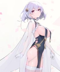 Rule 34 | 1girl, absurdres, asla yu, azur lane, black dress, braid, breast curtains, breasts, closed mouth, commentary, covered navel, cowboy shot, crossed bangs, crown braid, dress, expressionless, flower, from side, gloves, hair between eyes, hair flower, hair ornament, half gloves, highres, looking at viewer, medium breasts, official alternate costume, pelvic curtain, red eyes, revealing clothes, see-through, short hair, sideboob, silver hair, simple background, sirius (azur lane), sirius (azure horizons) (azur lane), sleeveless, sleeveless dress, solo, standing, tassel, thighhighs, thighs, white background, white gloves, white thighhighs
