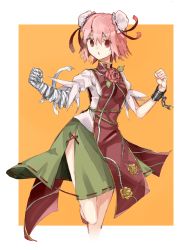 Rule 34 | 1girl, :o, absurdres, bad id, bad pixiv id, bandaged arm, bandages, blouse, breasts, cuffs, double bun, fighting stance, flower, green skirt, hair bun, highres, ibaraki kasen, leg up, looking at viewer, pink hair, red eyes, rose, shackles, shirt, short hair, short sleeves, skirt, small breasts, solo, suminagashi, tabard, touhou