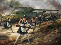 Rule 34 | 6+girls, animal ears, apron, black eyes, black gloves, black hair, black legwear, blonde hair, bolt action, brown hair, cat ears, caterpillar tracks, clenched hand, dated, drum magazine, elbow gloves, fake animal ears, gloves, gun, hjl, is-3, is 2, long hair, machine gun, magazine (weapon), maid, maid apron, maid headdress, making-of available, mary janes, military, military vehicle, mosin-nagant, motor vehicle, multiple girls, open mouth, original, pantyhose, ppsh-41, rifle, shoes, short hair, signature, submachine gun, tank, thighhighs, vehicle, waist apron, war, weapon, white legwear